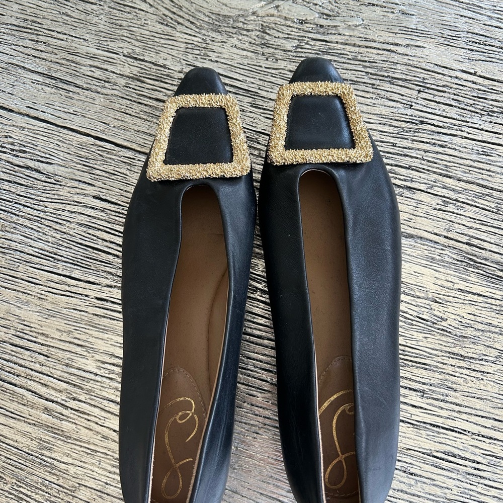 Sam Edelman Black Women's Pointed Toe Flats with Gold Buckle Accent - Picture 2 of 8